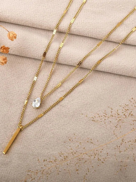 Cloda Solitaire Crystal Double Layer Necklace | Waterproof 18k Gold