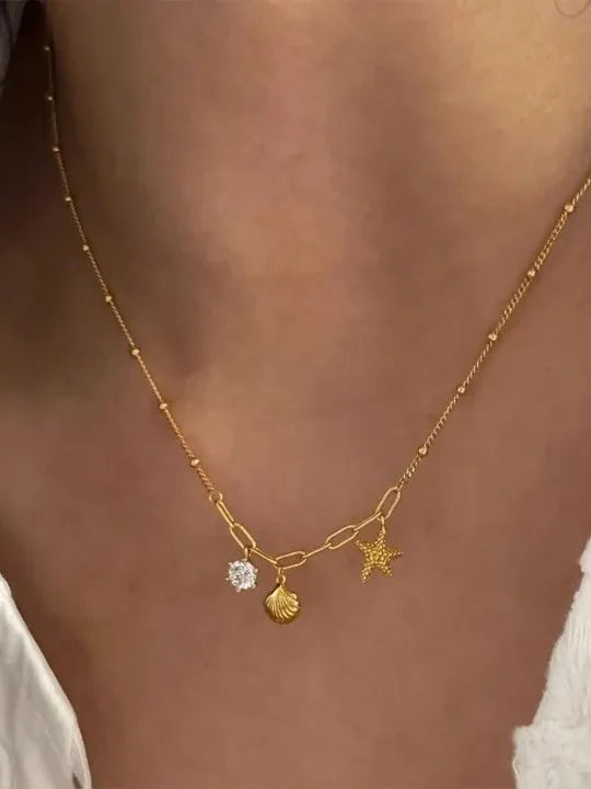 Aris Shell & Starfish Crystal Necklace | Waterproof 18k Gold