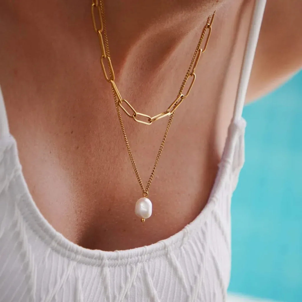 Arctur Pearl Double Chain Necklace | Waterproof 18k Gold