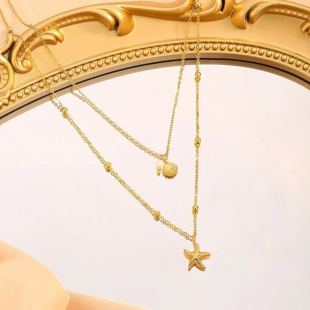 Evera Starfish Shell Double Layer Necklace | Waterproof 18k Gold