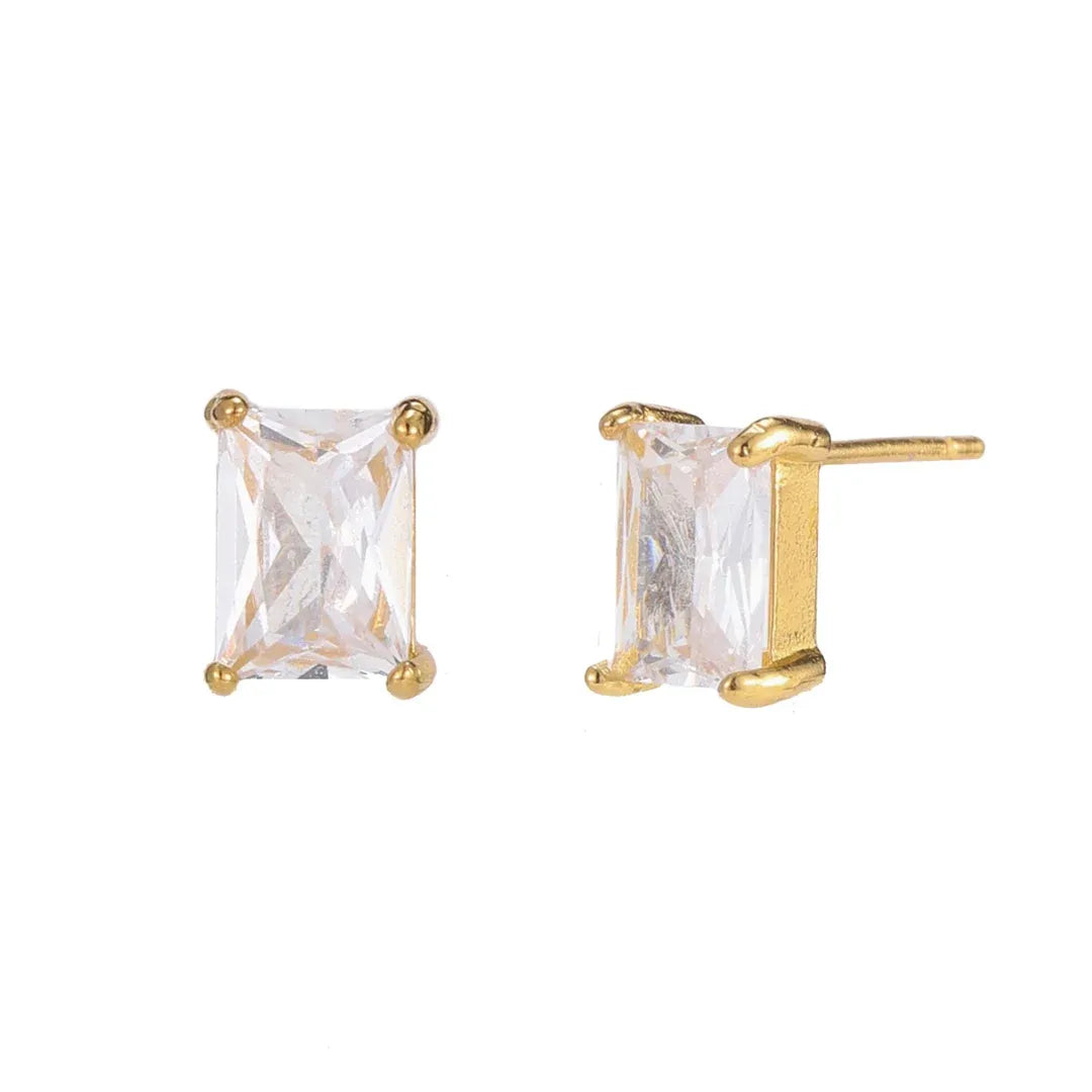 Cornelia Baguette Cut Crystal Solitaire Stud Earrings | Waterproof 18k Gold