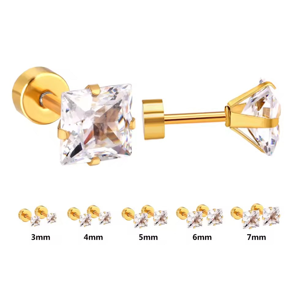 Softwave Square Brilliant CZ Flat Back Studs - Gold & Silver
