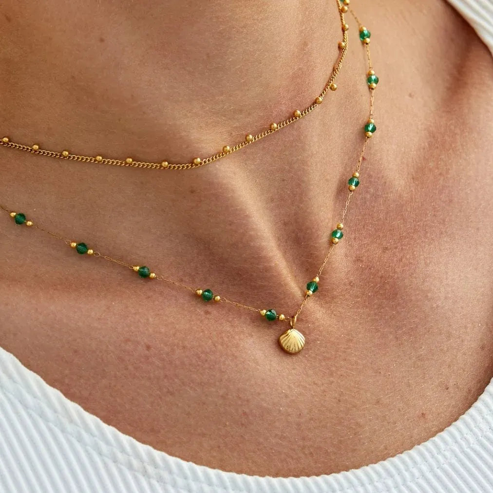 Bryony Green Beads Shell Necklace | Waterproof 18k Gold