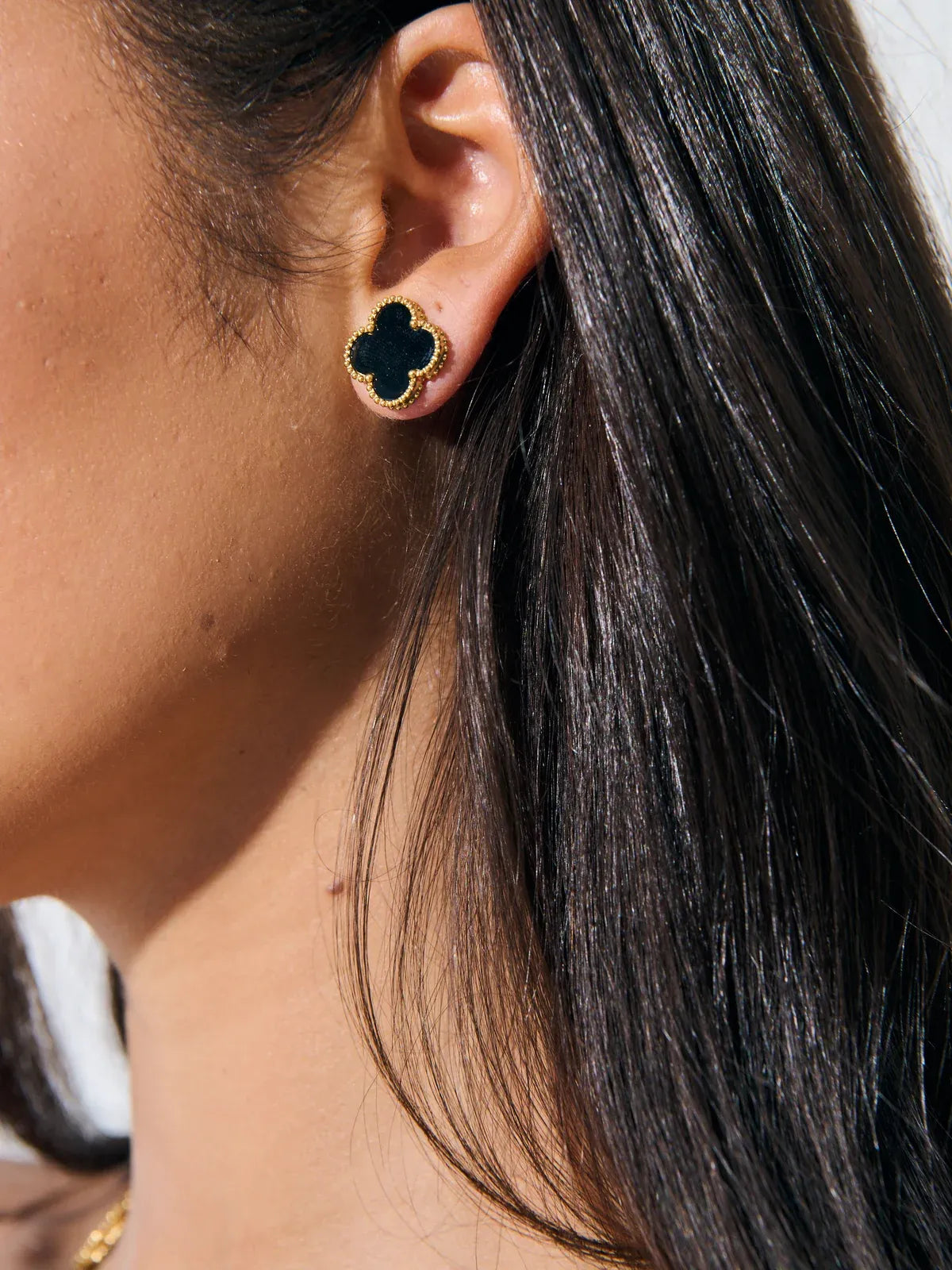 Alora Four-Leaf Black Clover Stud Earrings | Waterproof 18k Gold