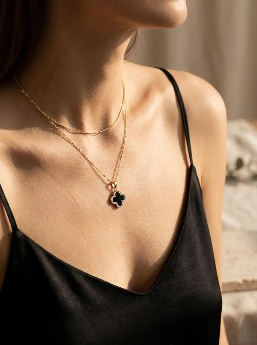 Cecilia Four-Leaf Diamante Clover Black Necklace | Waterproof 18k Gold