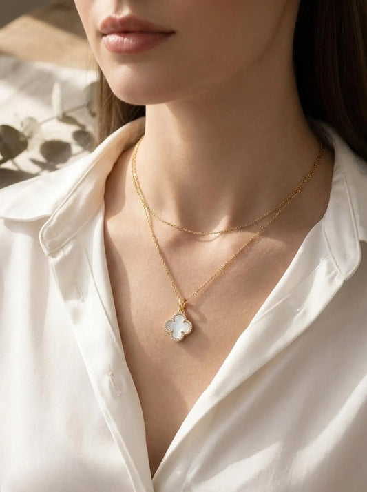 Cecilia Four-Leaf Diamante Clover Pearl Necklace | Waterproof 18k Gold