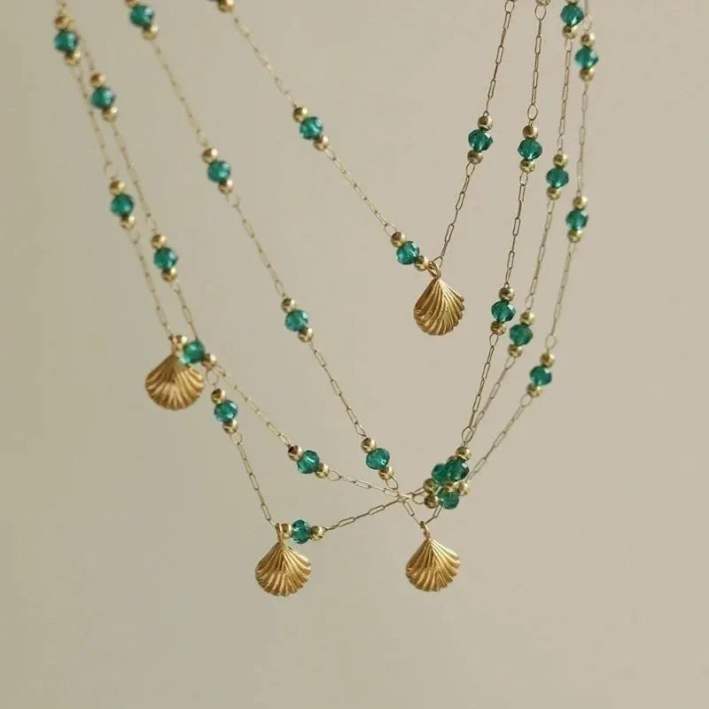 Bryony Green Beads Shell Necklace | Waterproof 18k Gold