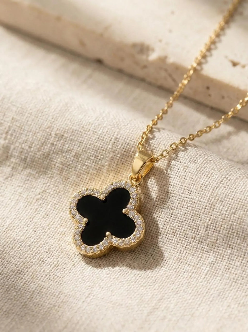 Cecilia Four-Leaf Diamante Clover Black Necklace | Waterproof 18k Gold