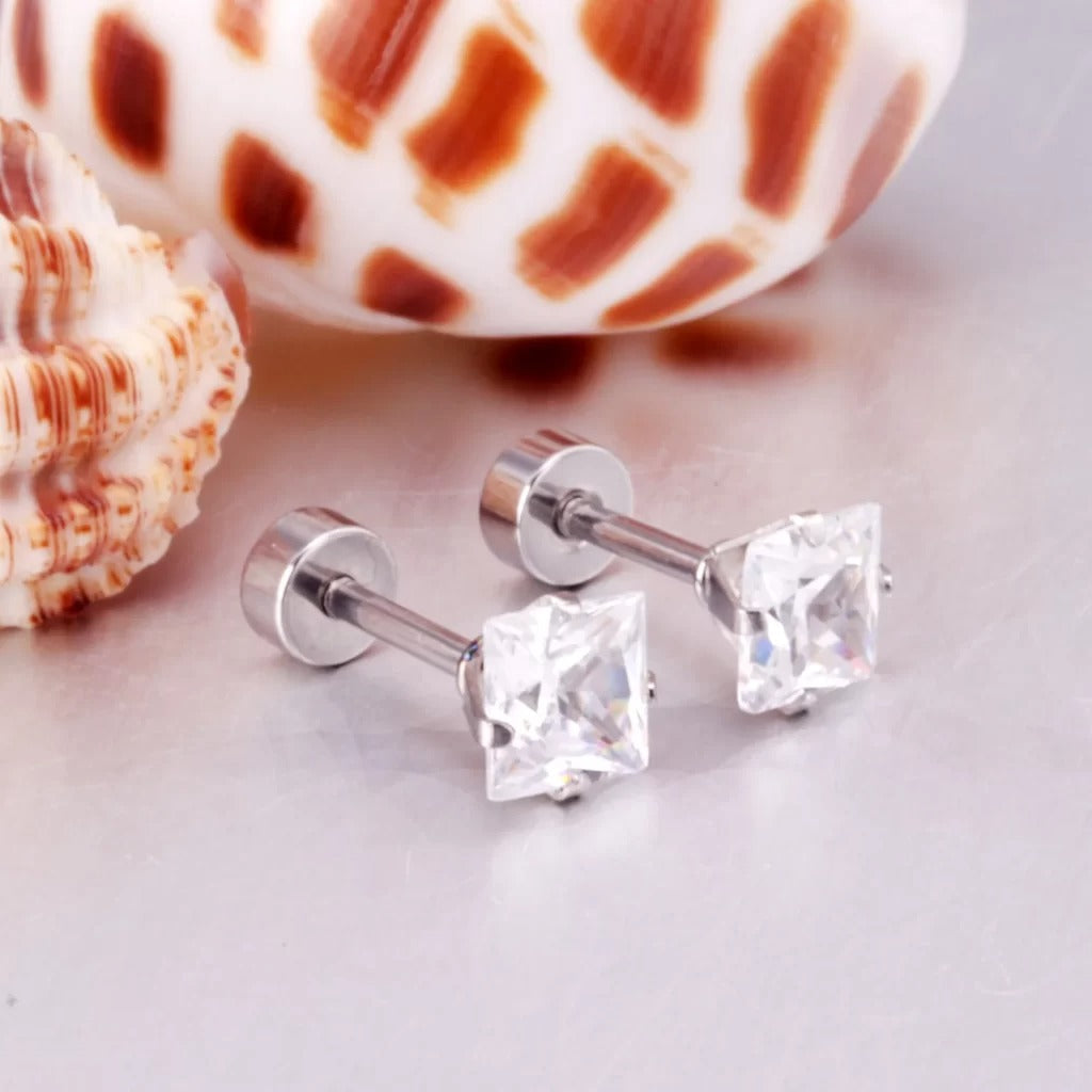 Softwave Square Brilliant CZ Flat Back Studs - Gold & Silver