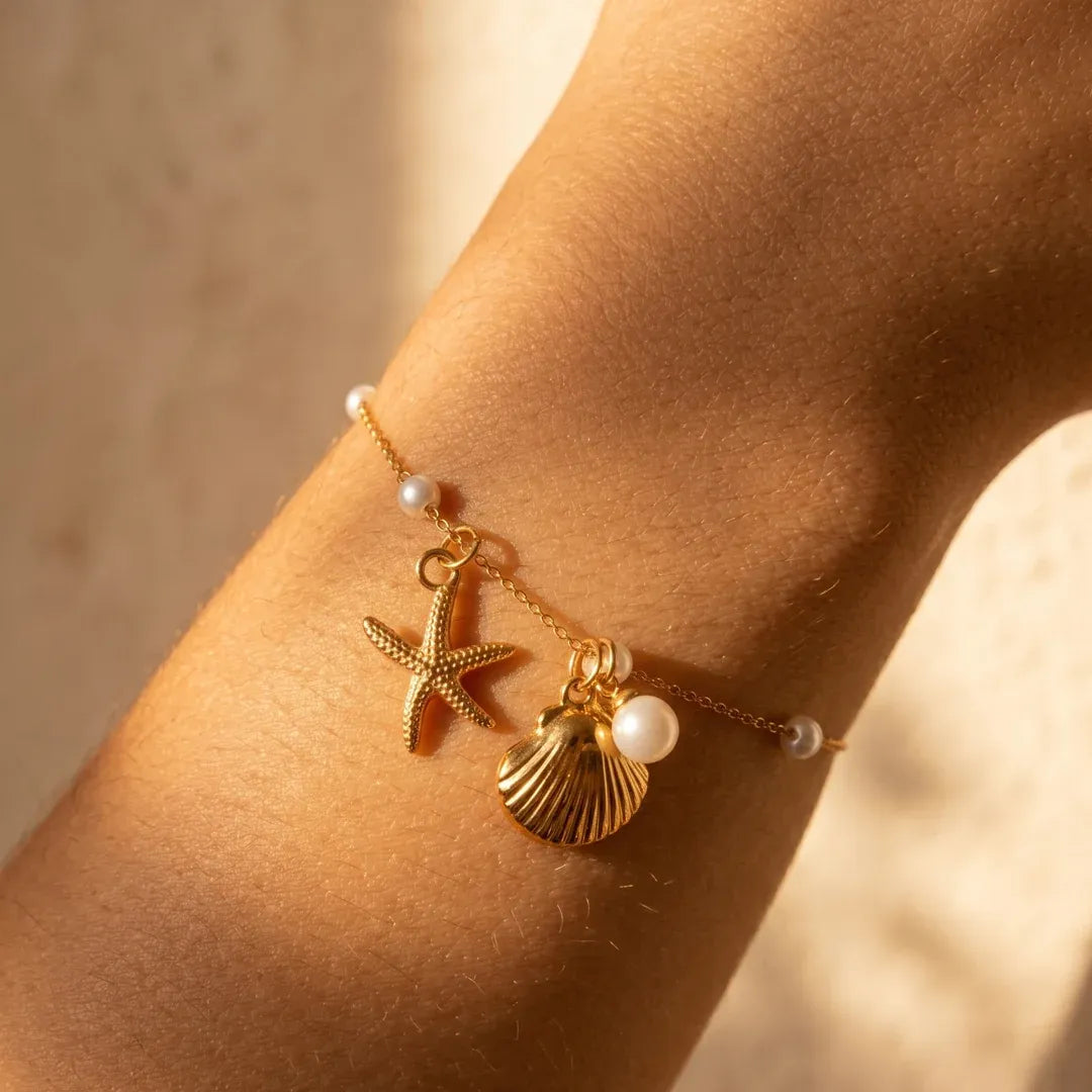 Ava Ocean Charm Pearl Bracelet | Waterproof 18k Gold