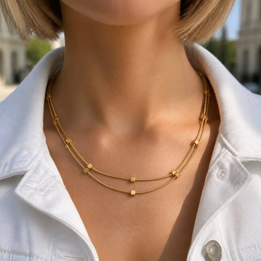 Elyra Cube Station Double Layered Necklace | Waterproof 18k Gold