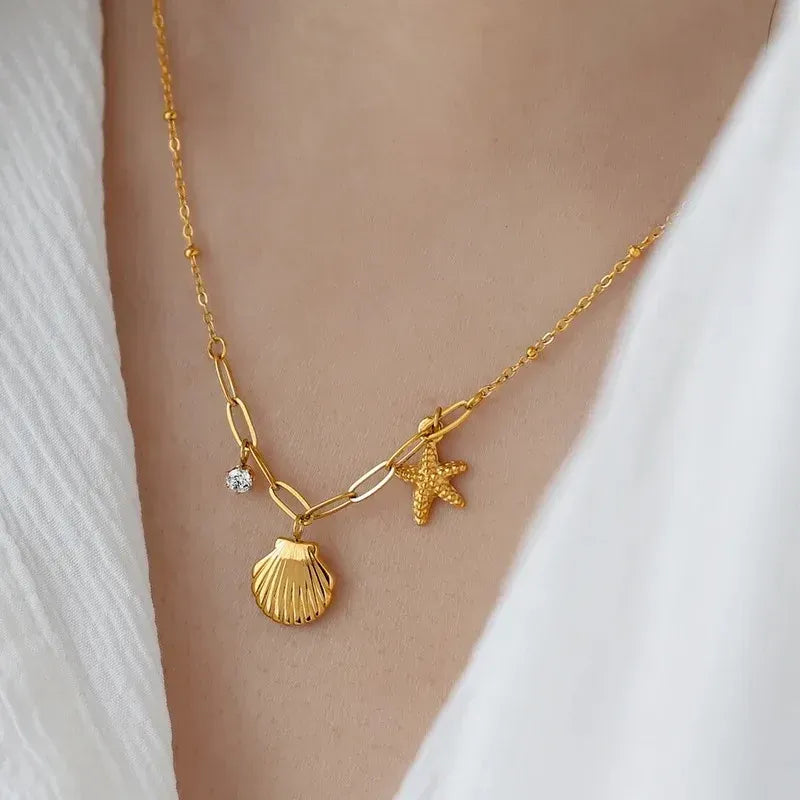 Aris Shell & Starfish Crystal Necklace | Waterproof 18k Gold