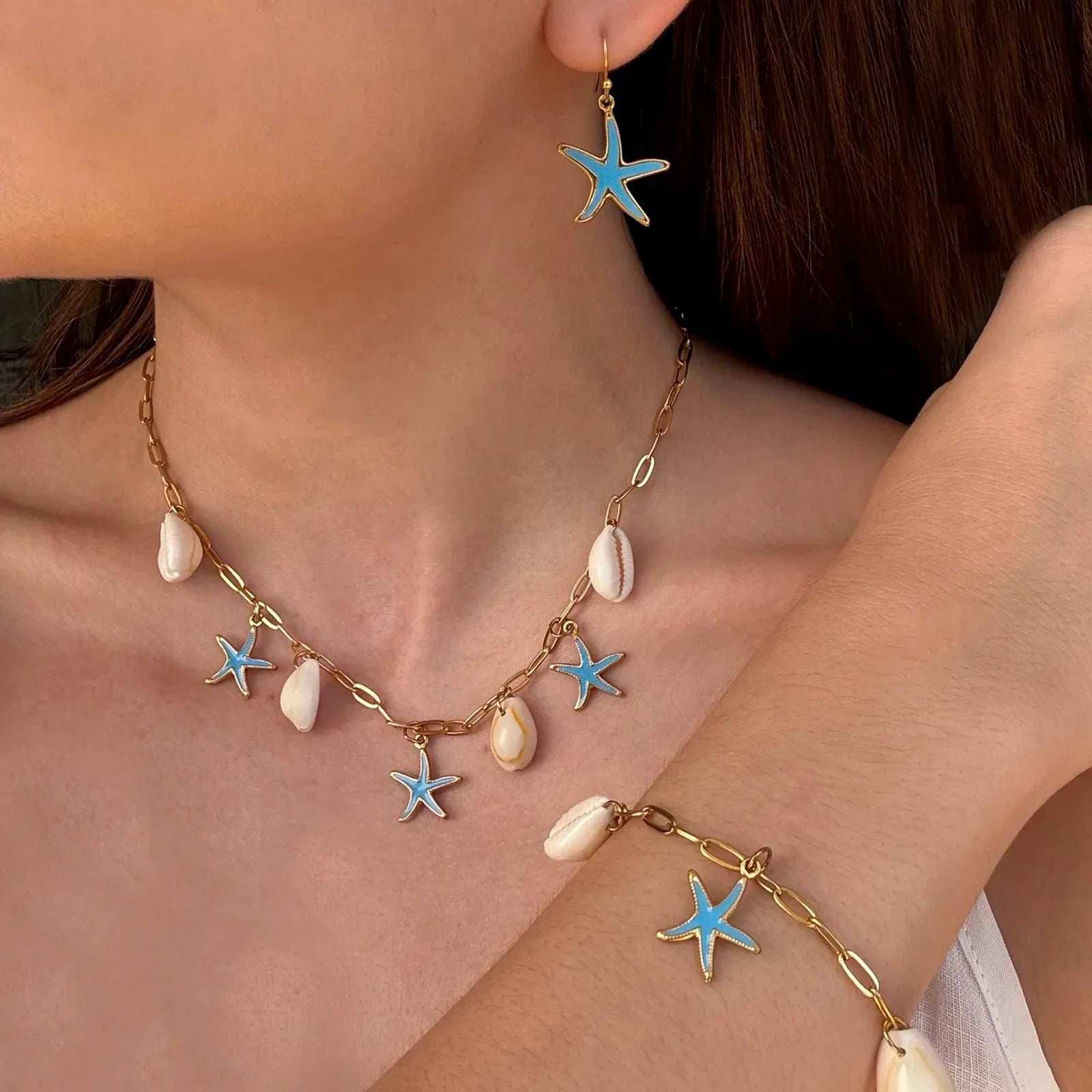 Elenora Turquoise Starfish & Shell Charm Earrings | Waterproof 18k Gold