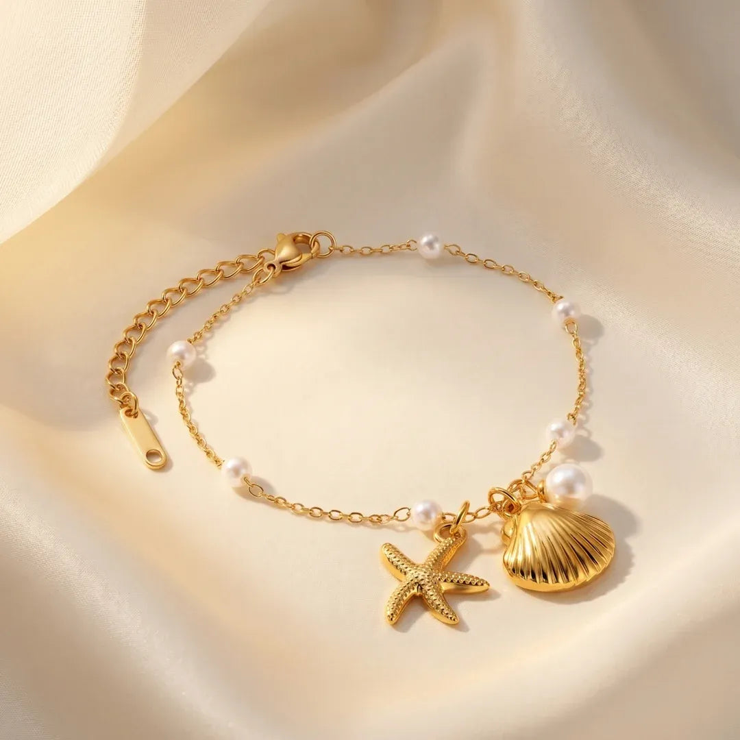 Ava Ocean Charm Pearl Bracelet | Waterproof 18k Gold