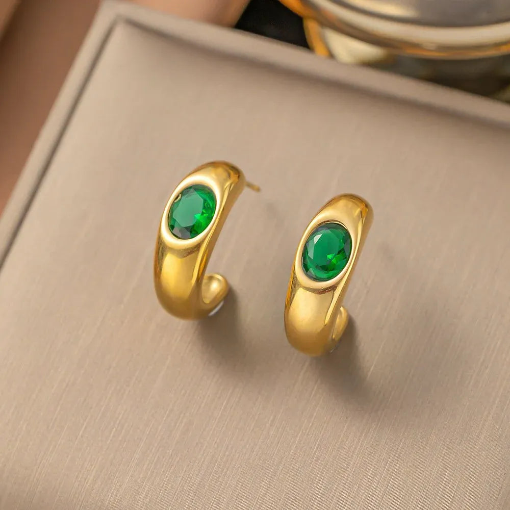 Azure Emerald Green Hoop Earrings | Waterproof 18k Gold