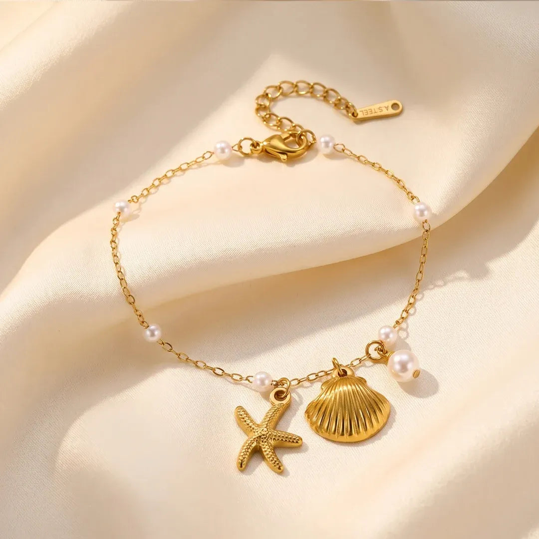Ava Ocean Charm Pearl Bracelet | Waterproof 18k Gold