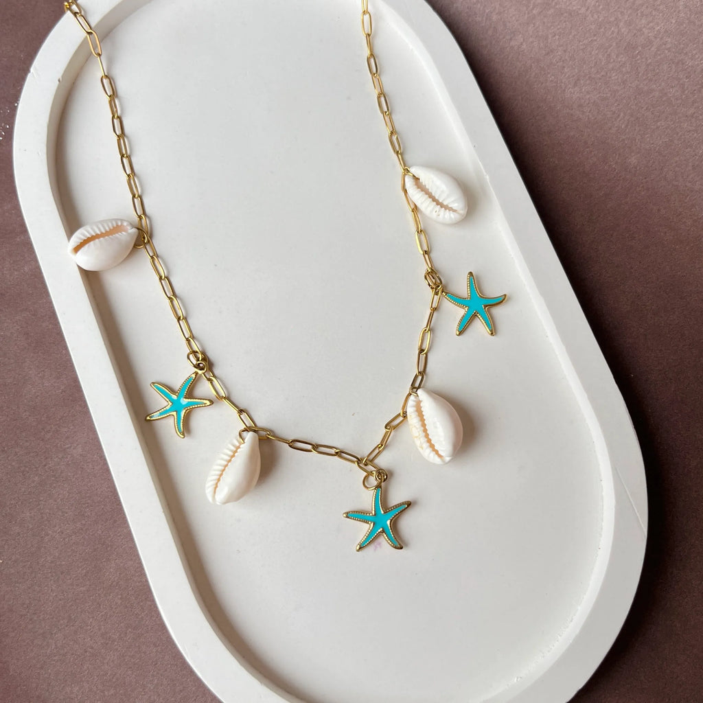 Elenora Turquoise Starfish & Shell Charm Necklace | Waterproof 18k Gold