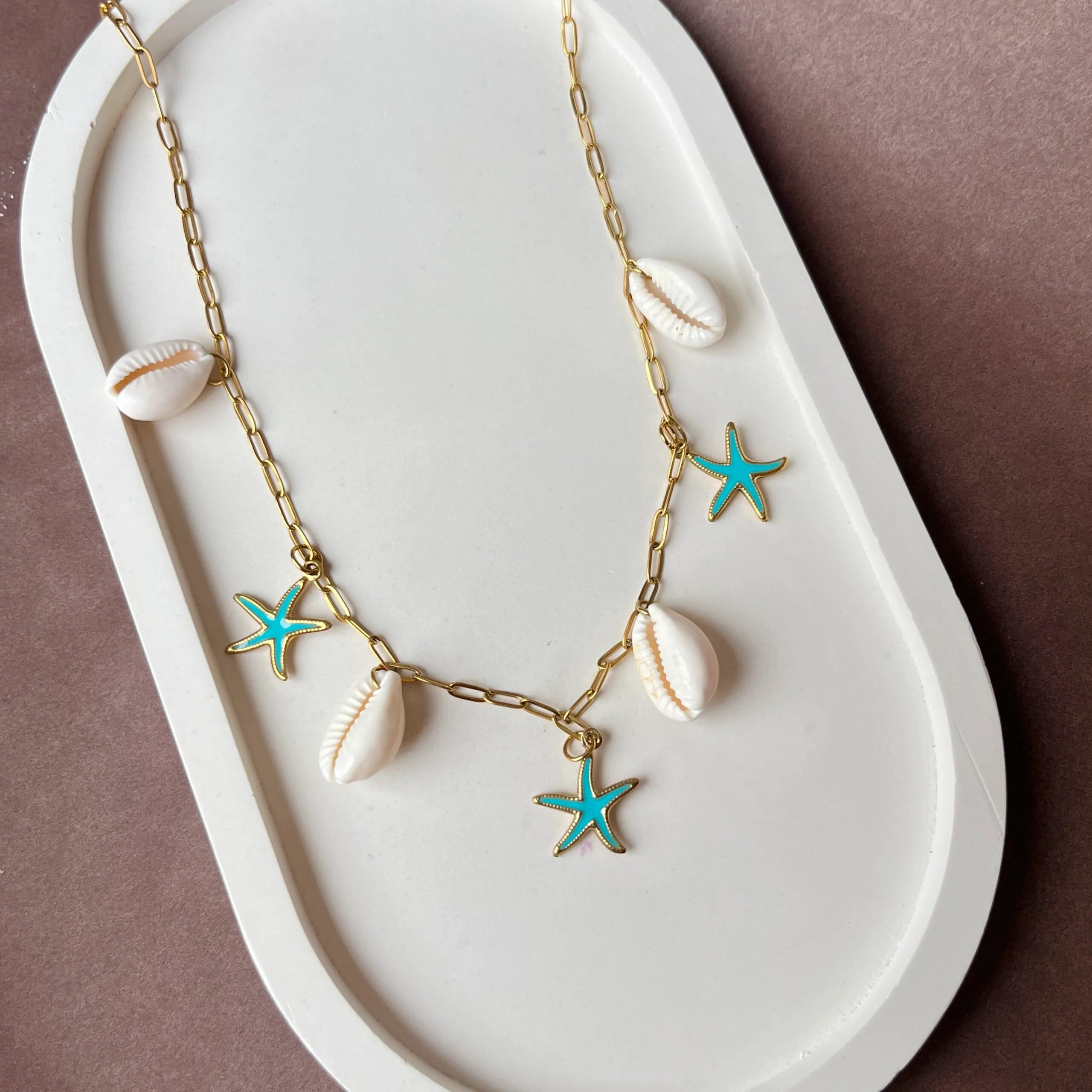 Elenora Turquoise Starfish & Shell Charm Necklace | Waterproof 18k Gold