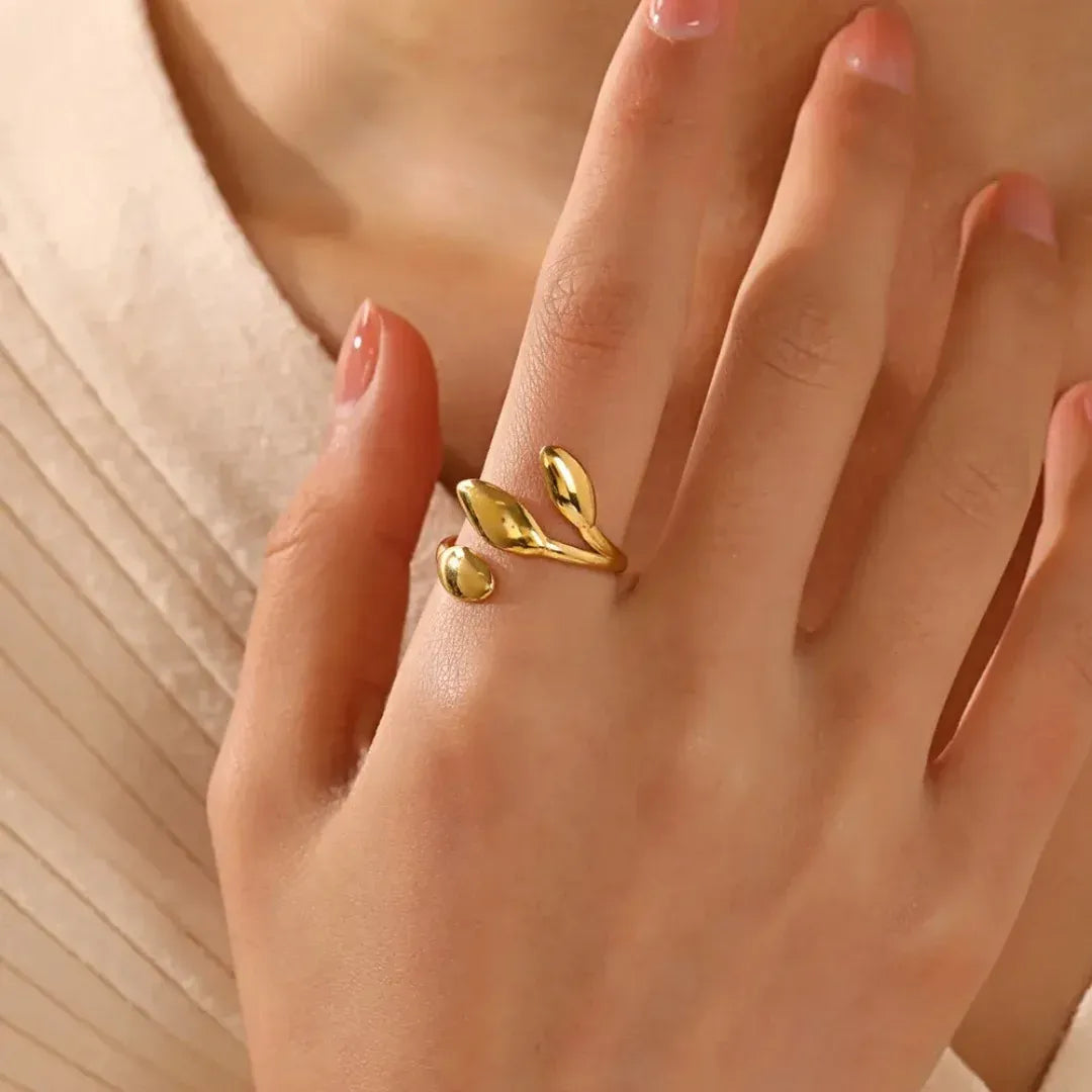Alina 3 Leaves Open Ring | Waterproof 18k Gold