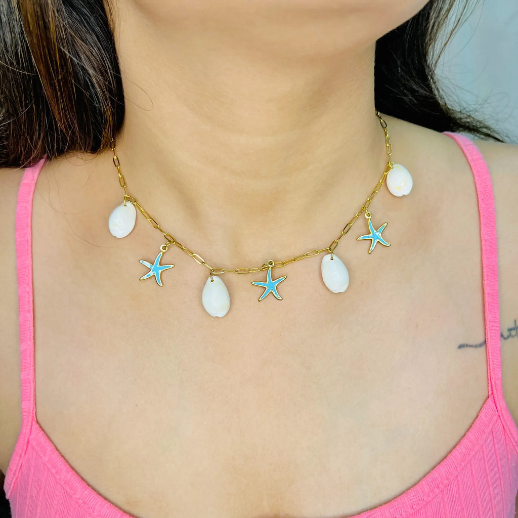 Elenora Turquoise Starfish & Shell Charm Necklace | Waterproof 18k Gold
