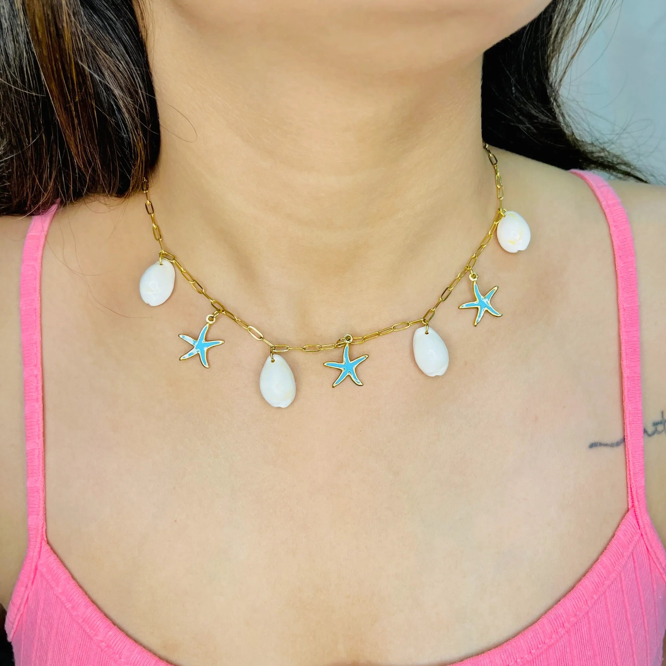 Elenora Turquoise Starfish & Shell Charm Necklace | Waterproof 18k Gold