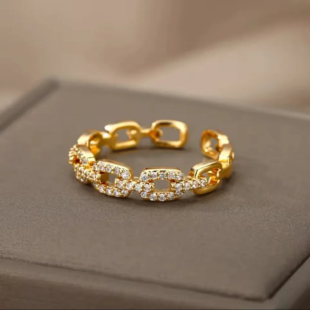 Bianca Crystal Chain Open Ring | Waterproof 18k Gold