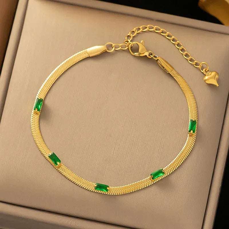 Evelis Emerald Baguette Station Snake Chain Bracelet | Waterproof 18k Gold