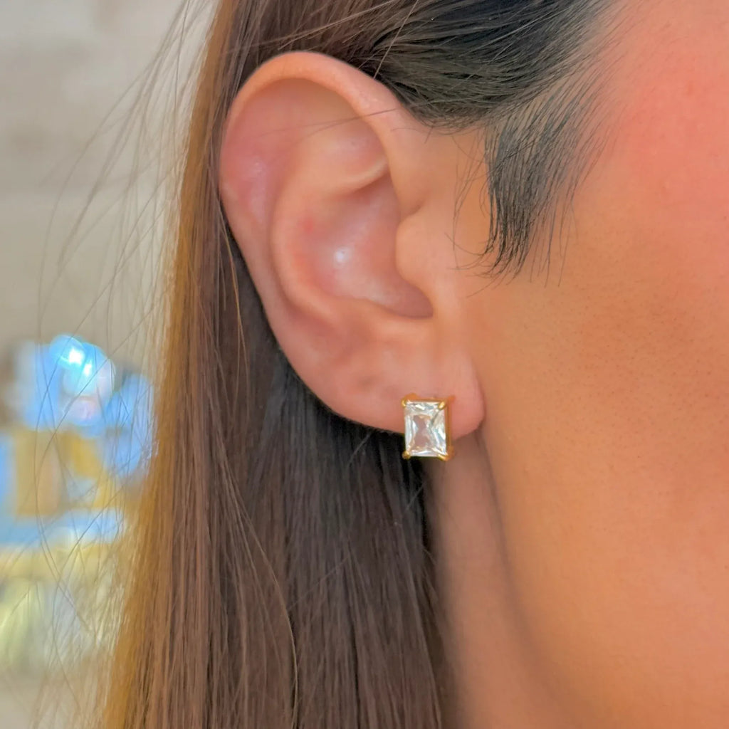 Cornelia Baguette Cut Crystal Solitaire Stud Earrings | Waterproof 18k Gold