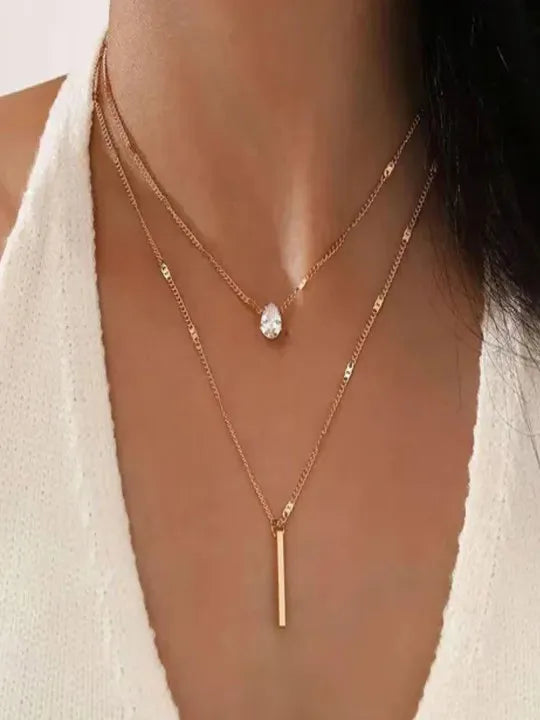 Cloda Solitaire Crystal Double Layer Necklace | Waterproof 18k Gold
