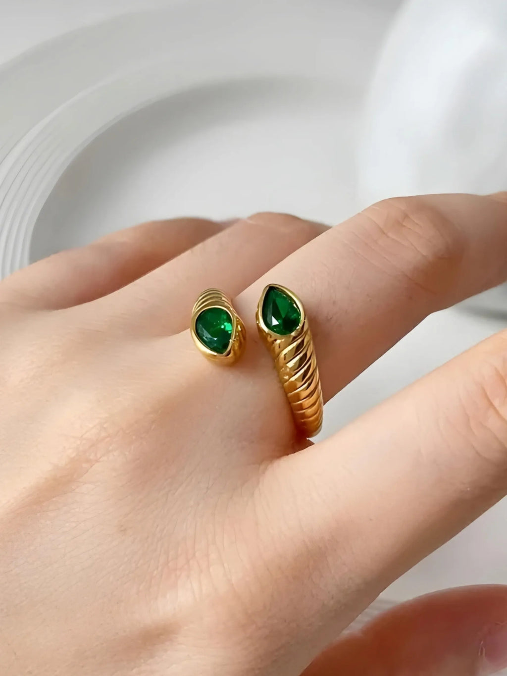 Alessia Celeste Green Teardrop Open Ring | Waterproof 18k Gold