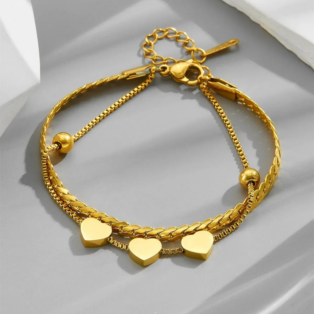Bayla Heart Trio Double Chain Bracelet | Waterproof 18k Gold