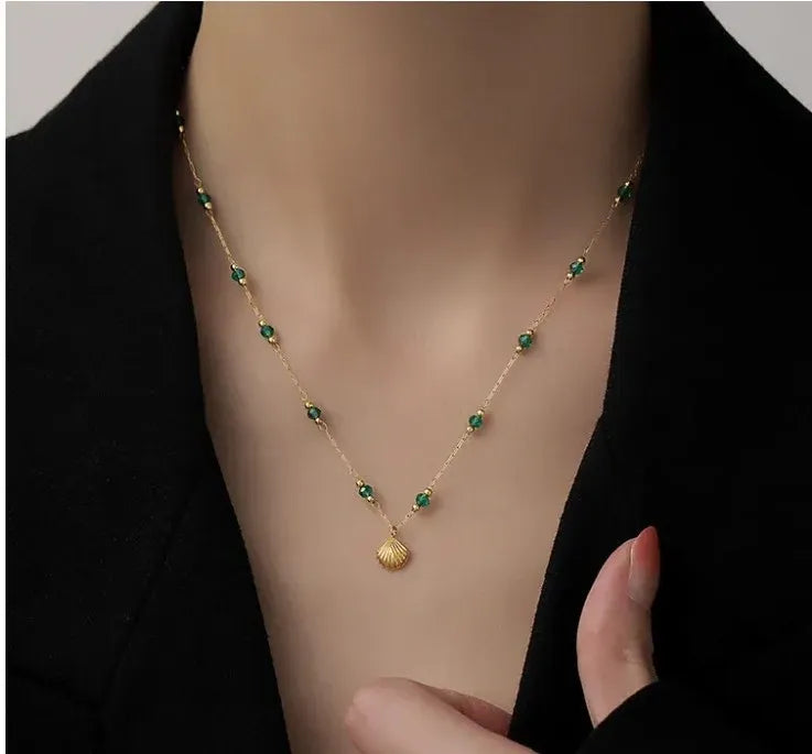 Bryony Green Beads Shell Necklace | Waterproof 18k Gold