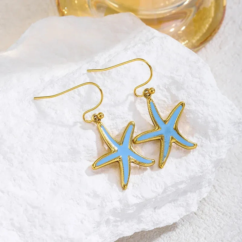 Elenora Turquoise Starfish & Shell Charm Earrings | Waterproof 18k Gold