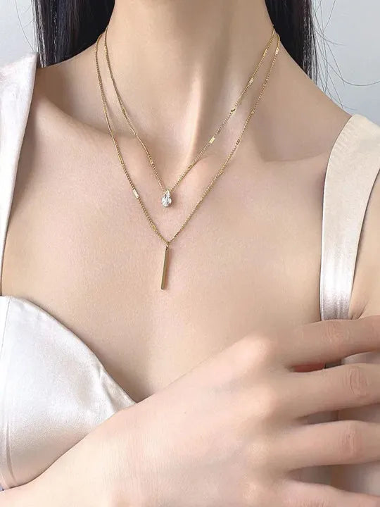 Cloda Solitaire Crystal Double Layer Necklace | Waterproof 18k Gold