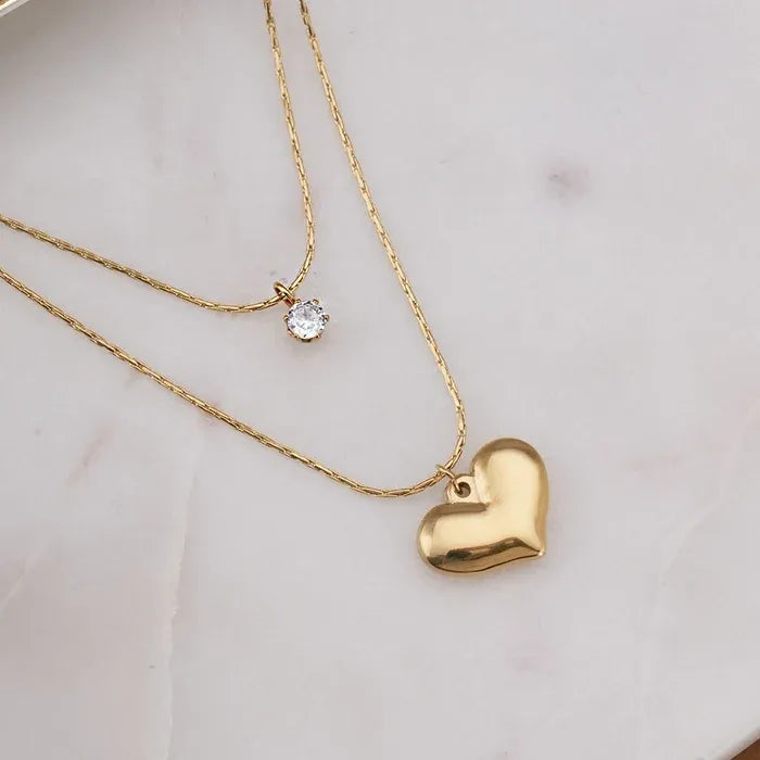 Brynn Crystal Heart Double Chain Necklace | Waterproof 18k Gold