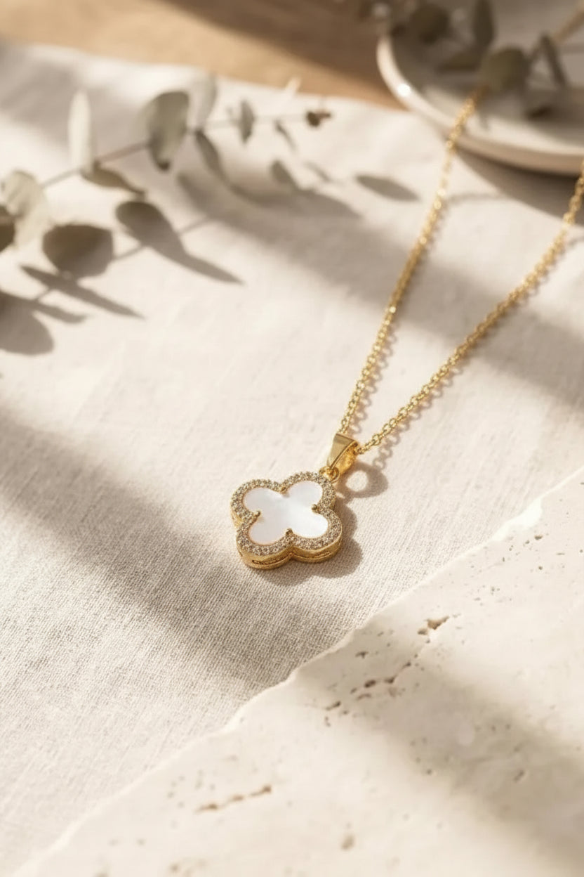 Cecilia Four-Leaf Diamante Clover Pearl Necklace | Waterproof 18k Gold