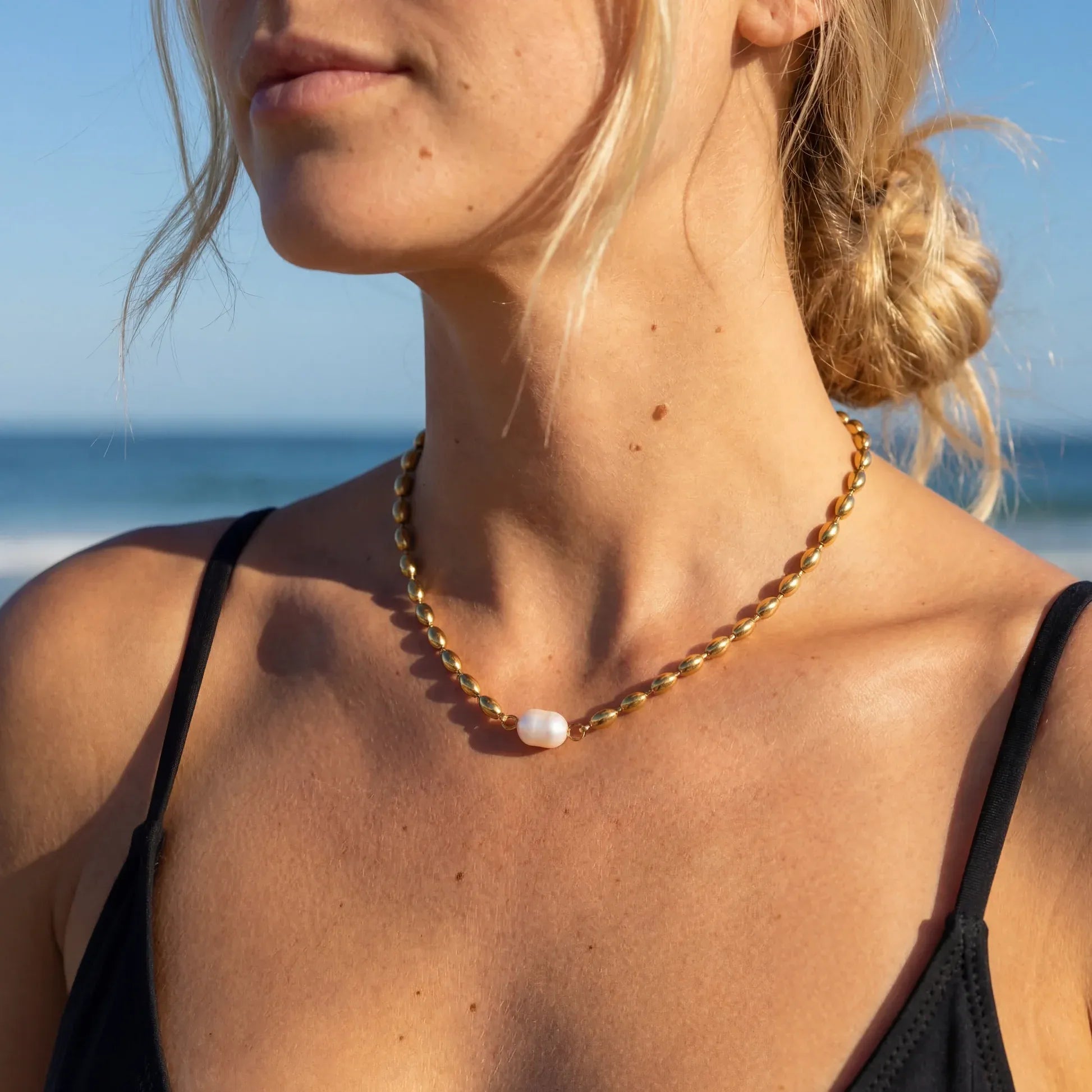Phoebi Rice Pearl Necklace | Waterproof 18k Gold
