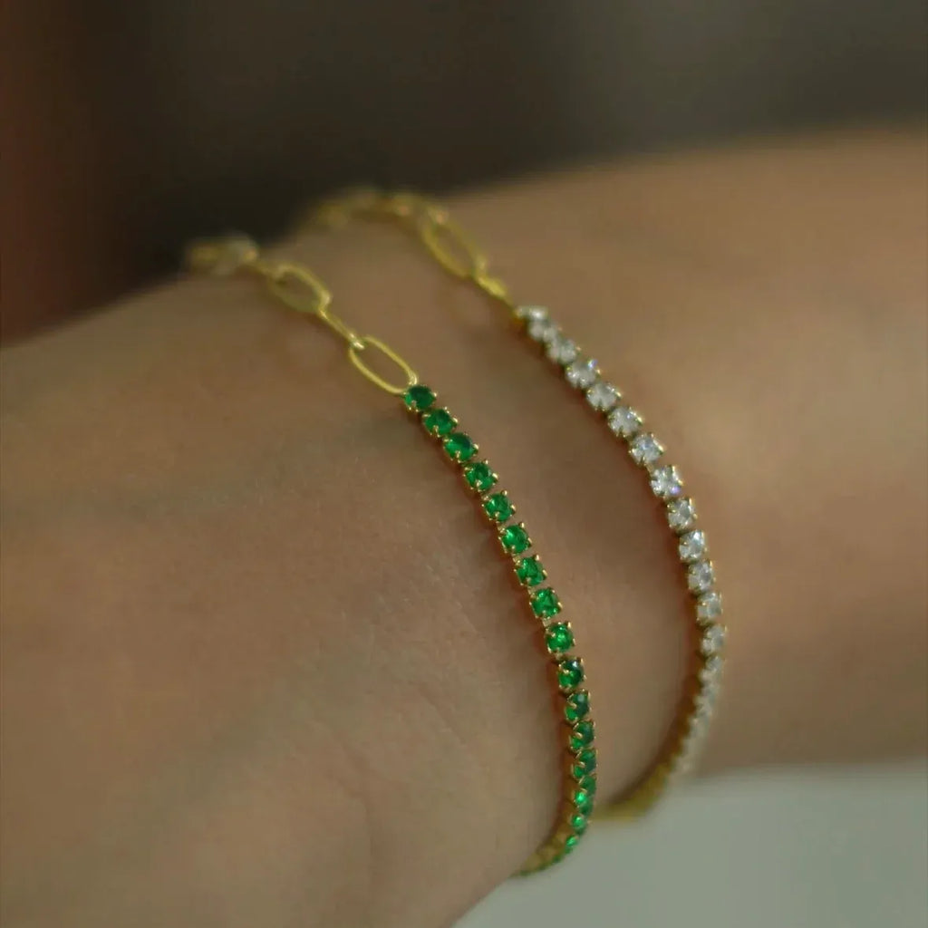 Cassia Emerald Green Crystal Tennis Chain Bracelet | Waterproof 18k Gold