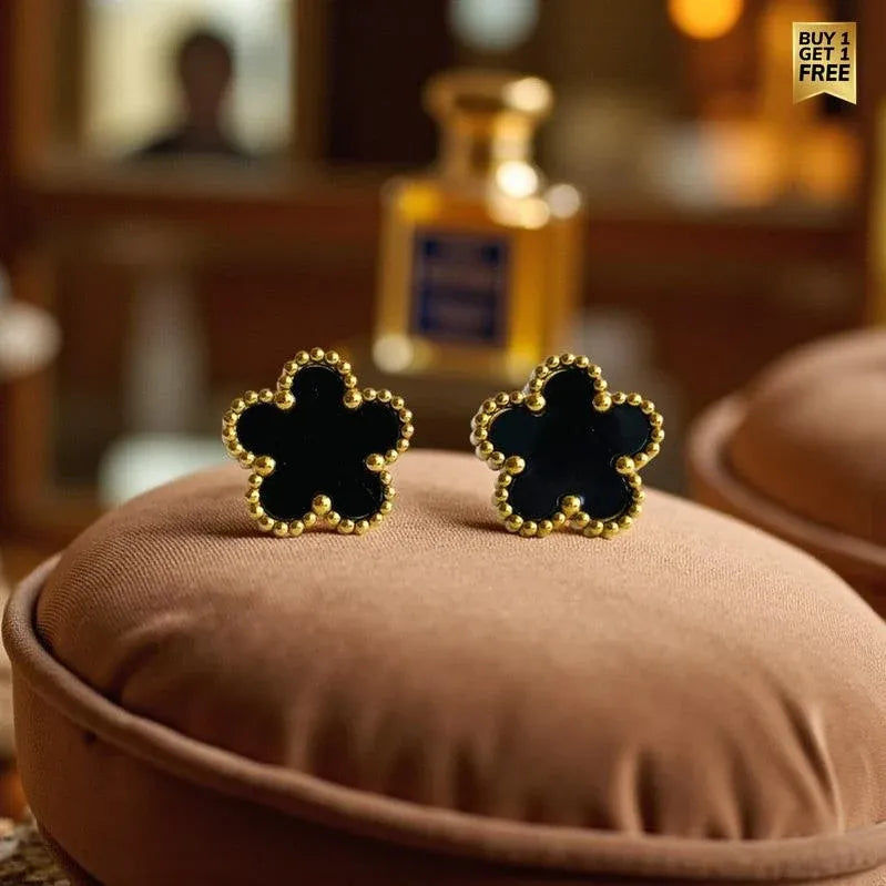 Bronte Five-Leaf Black Clover Stud Earrings | Waterproof 18k Gold