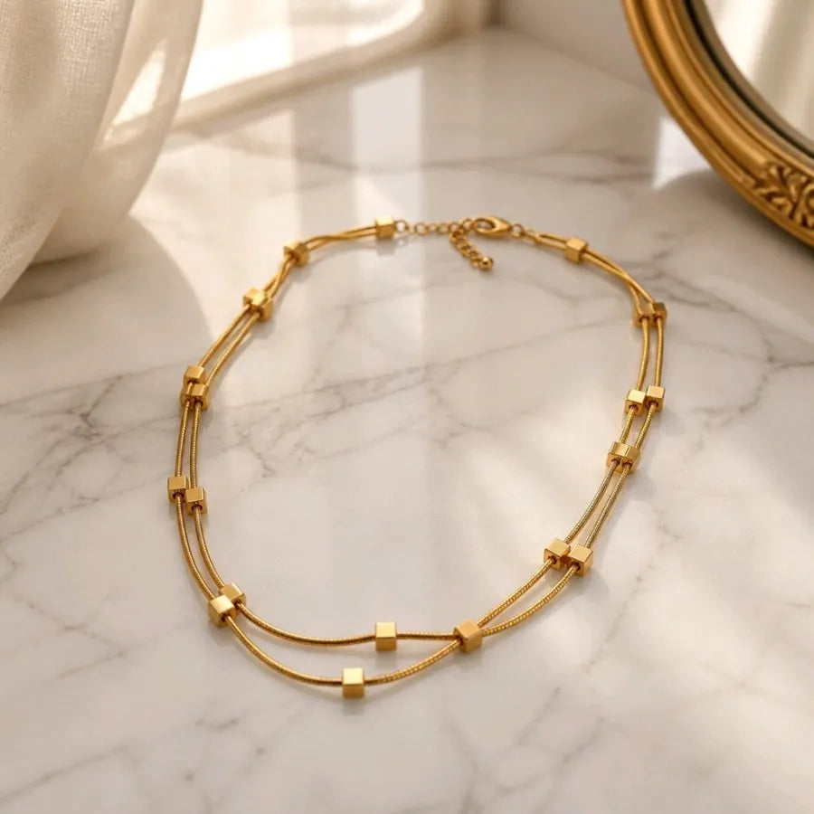 Elyra Cube Station Double Layered Necklace | Waterproof 18k Gold