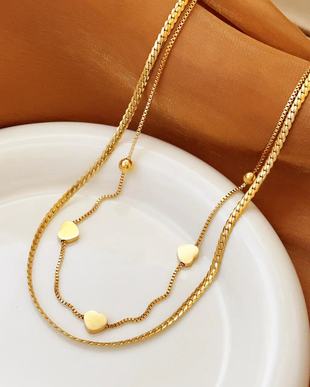 Bayla Heart Trio Double Chain Necklace | Waterproof 18k Gold