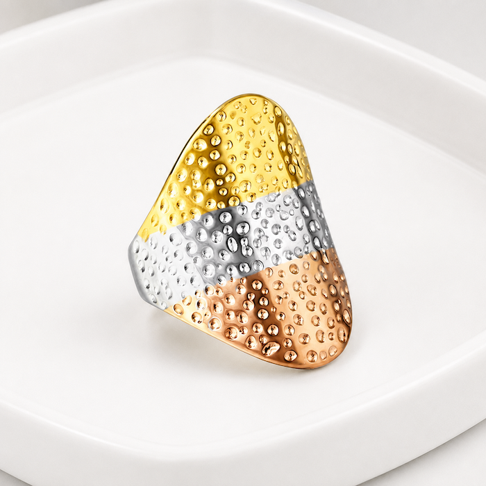 Lea Three tone Hammered Ring | Waterproof 18K Gold Size-7 Clearance