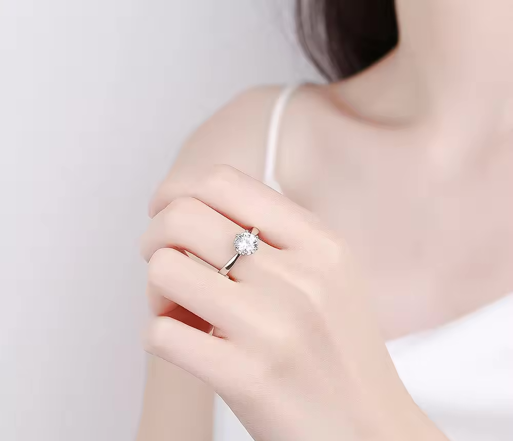 1 Carat Solitaire Moissanite Ring in Six Prongs Setting, Platinum Overlay Sterling Silver - Adjustable Size