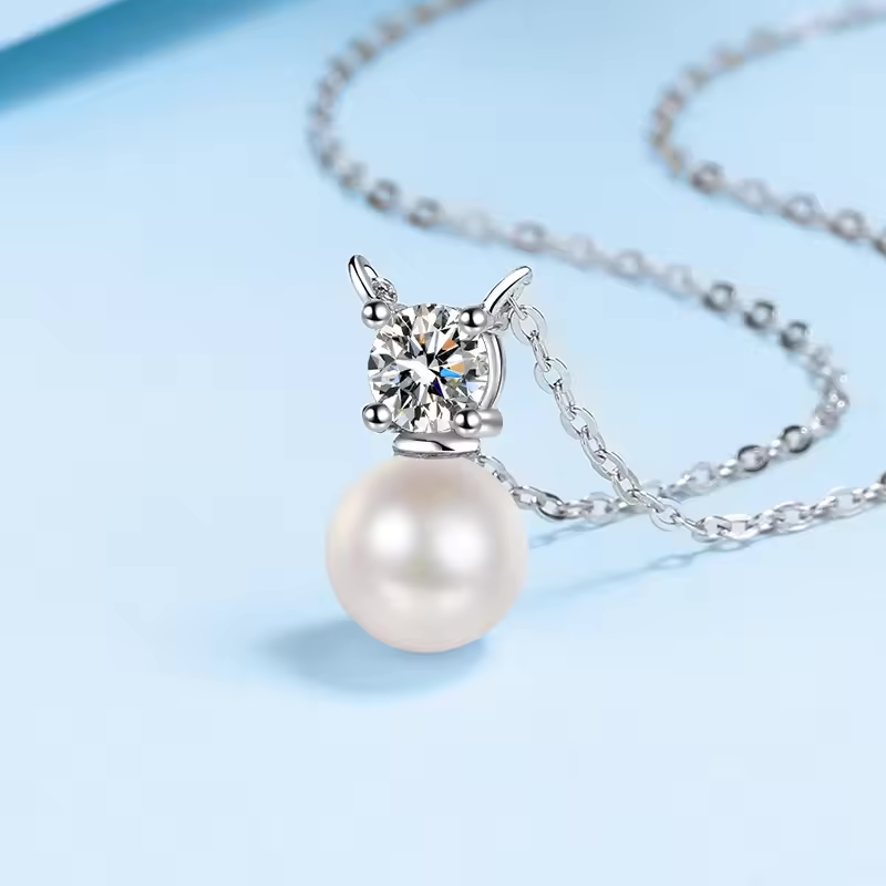All Time Favourite Round Moissanite with Pearl Drop Pendant Necklace in Platinum Overlay Sterling Silver, GRA Certified