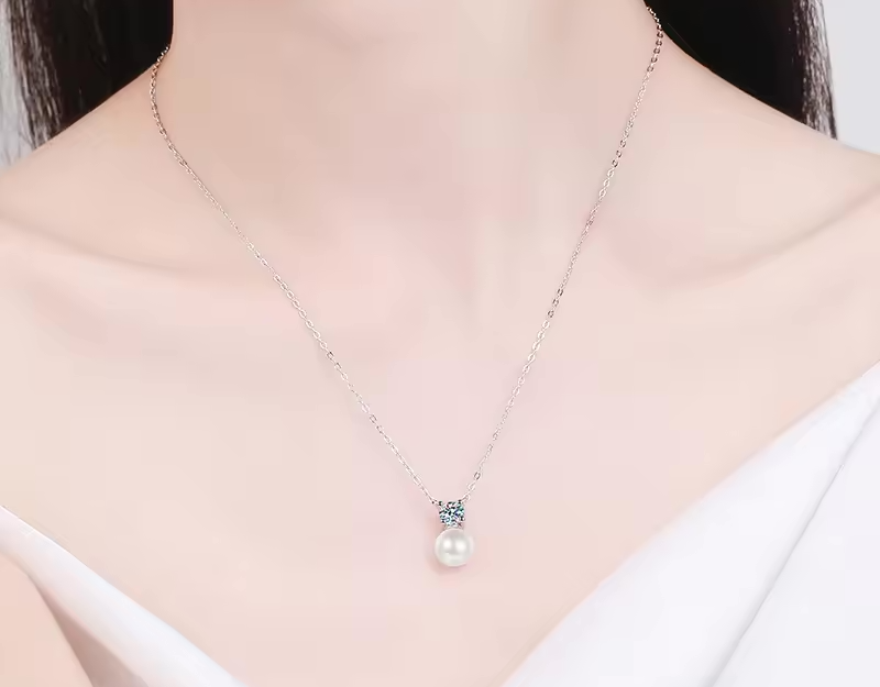 All Time Favourite Round Moissanite with Pearl Drop Pendant Necklace in Platinum Overlay Sterling Silver, GRA Certified