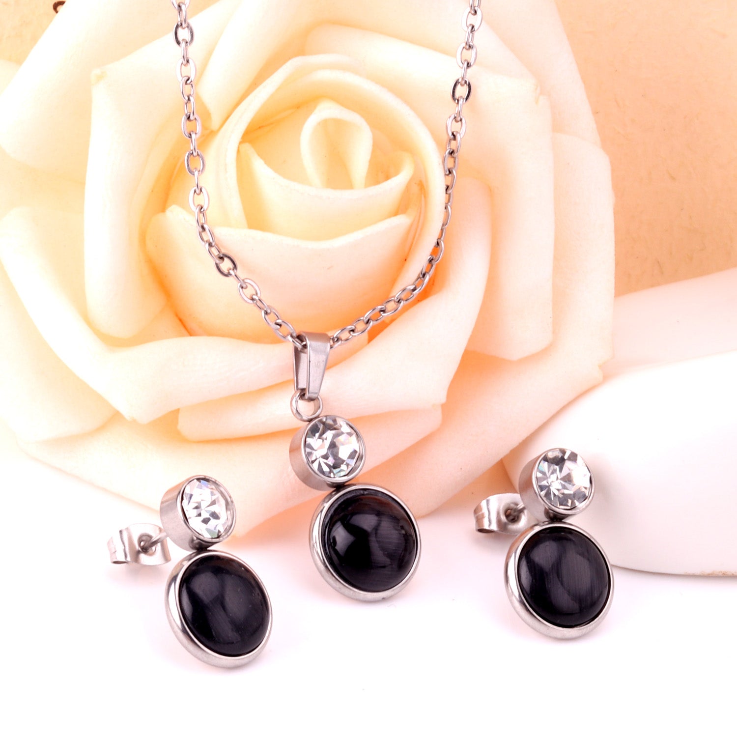 Bella Round Black Enamel Set with CZ Accent | Buy Set or Individual