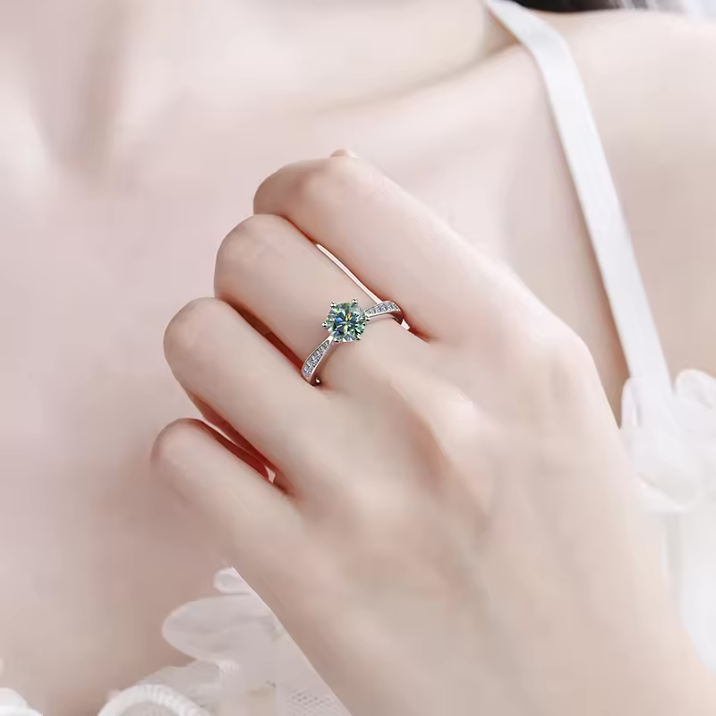 1 Carat Solitaire Green Moissanite Ring in Six Prongs Setting, Platinum Overlay Sterling Silver - Adjustable Size