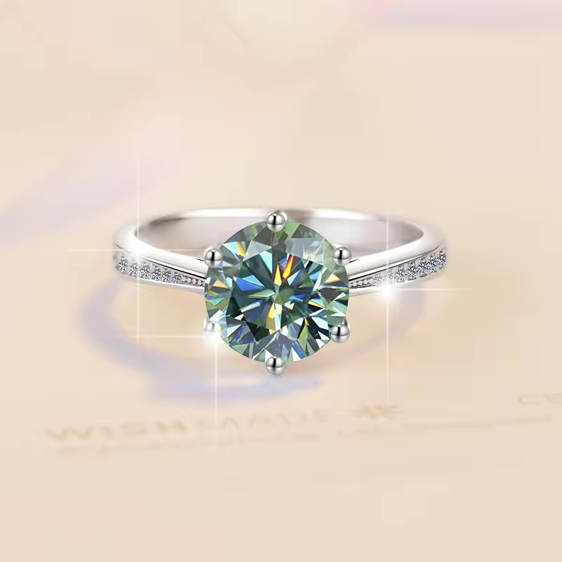 1 Carat Solitaire Green Moissanite Ring in Six Prongs Setting, Platinum Overlay Sterling Silver - Adjustable Size