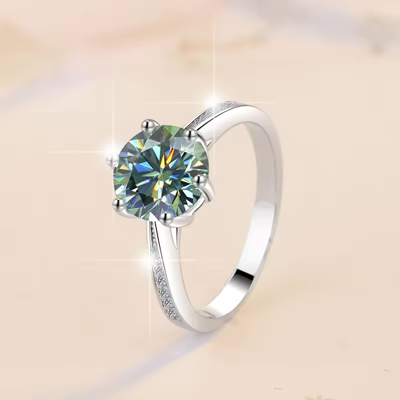 1 Carat Solitaire Green Moissanite Ring in Six Prongs Setting, Platinum Overlay Sterling Silver - Adjustable Size