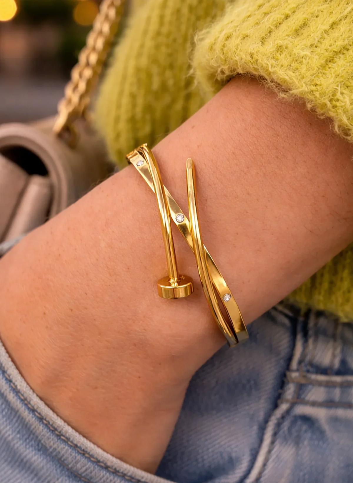 Kiki Crystal Nail Hinged Bangle Bracelet | Waterproof 18k Gold & Silver